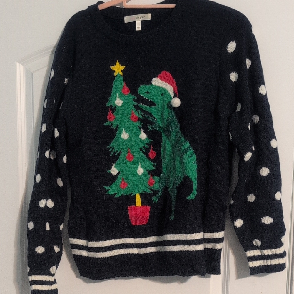 Belle Du Jour Festive Black and Green Crew Neck Sweater
